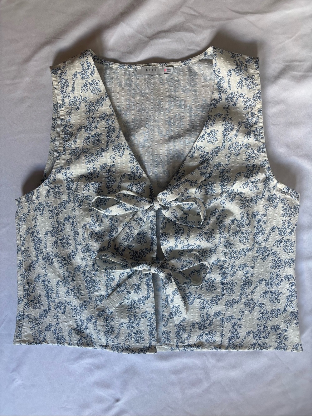 Lush Blue Floral Tie-Front Crop Top on Cream